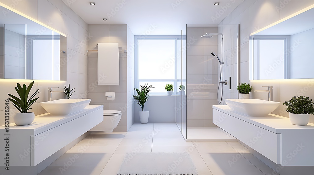 Bright Minimalist Bathroom Design: Modern Vanity, Shower, Mirrors, and Plants Create a Spa-Like Ambiance Bright Minimalist Bathroom Design: Modern Vanity, Shower, Mirrors, and Plants Create a Spa-Like Ambiance