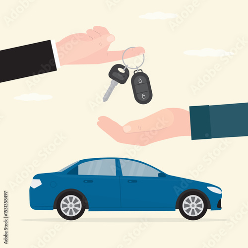 Car sharing, concept. Buy or rent new or used modern car. Dealer hand gives the key chain to the buyer. Sale and leasing cars, automotive services, insurance, car purchase.
