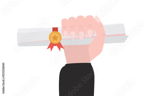 Female hand holding rolled diploma scroll with stamp. Finish education concept. Graduate college, high school or university diploma. Paper certificate isolated on white background.