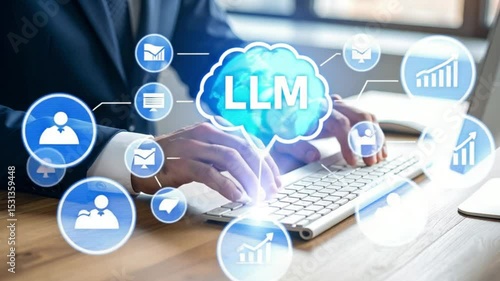 Office worker using LLM, keyboard, modern office, cloud computing