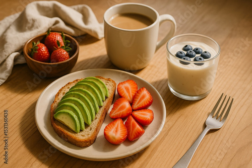 Healthy breakfast scene with avocado toast, fresh strawberries, coffee and yogurt in warm morning light, minimal styling.