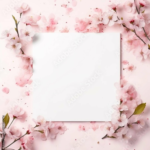 Elegant Pink Blossom Floral Frame with Blank Square Card for Spring Invitation or Announcement