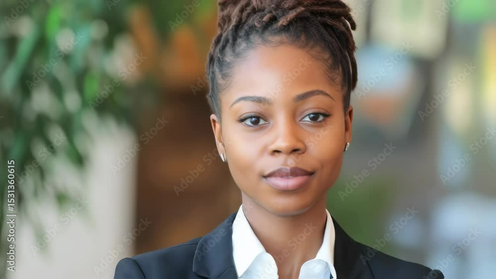 Confident professional woman smiling in modern office environment Confident professional woman smiling in modern office environment