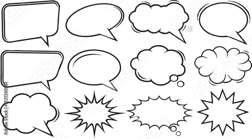 Retro empty comic speech bubbles set with black halftone shadows. Vintage design, pop art style - with comic book-style halftone shadows and bold black outlines. stock vector  illustration.
