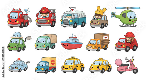 Vector icons Set of  Cute Cartoon Vehicles with Adorable Expressions. Vector Illustrations