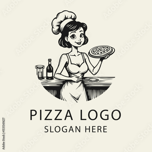 Black and white flat vector illustration of a sexy female pizzaiolo with deep neckline holding a pizza. Vintage style logo or print design. No background.