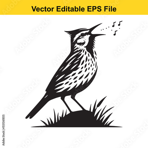 A black and white vector illustration of a skylark singing amongst the grass