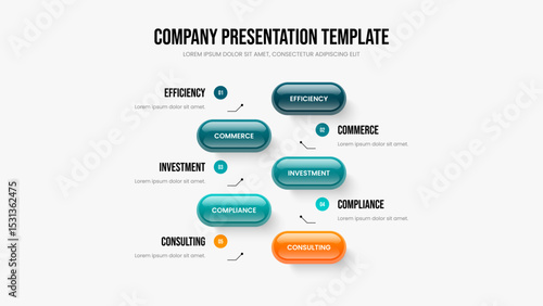 Service Forecast Five Step Diagram Slideshow Layout. Company Insight 5 Element Infographic Frame Template. Enterprise Overview Slide Design Vector Illustration.