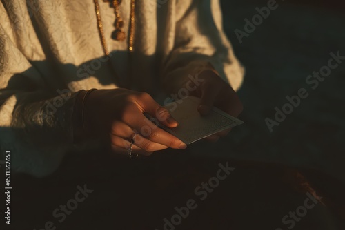 Careful hands holding a single tarot card during a quiet tarot reading session at sunset for spiritual reflection and guidance