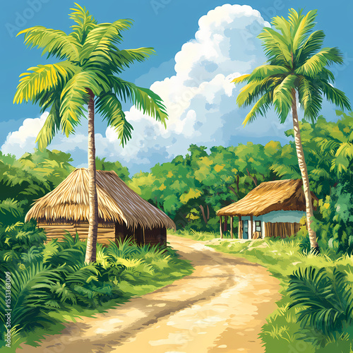 Tropical Haven A PalmLined Path to Rustic Cabanas isolated on transparent background