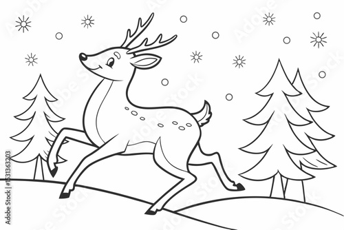 Deer prancing joyfully in the snow outline coloring page. Christmas and Winter Animal Illustration