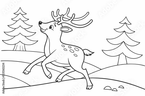 Deer prancing joyfully in the snow outline coloring page. Christmas and Winter Animal Illustration
