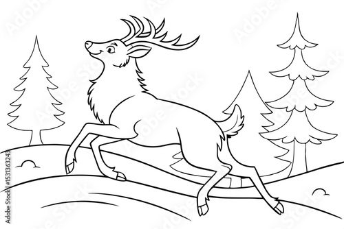 Deer prancing joyfully in the snow outline coloring page. Christmas and Winter Animal Illustration