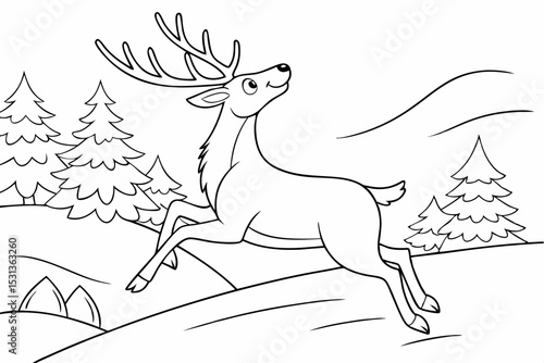 Deer prancing joyfully in the snow outline coloring page. Christmas and Winter Animal Illustration