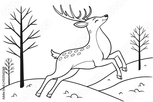 Deer prancing joyfully in the snow outline coloring page. Christmas and Winter Animal Illustration
