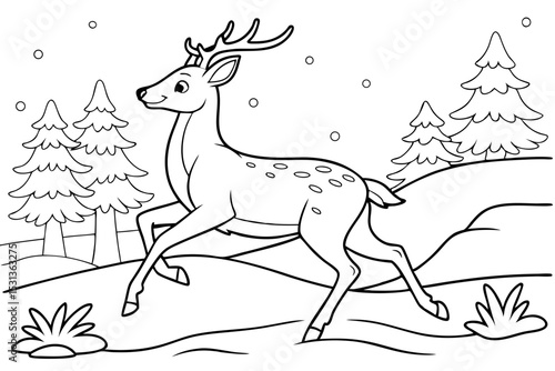 Deer prancing joyfully in the snow outline coloring page. Christmas and Winter Animal Illustration
