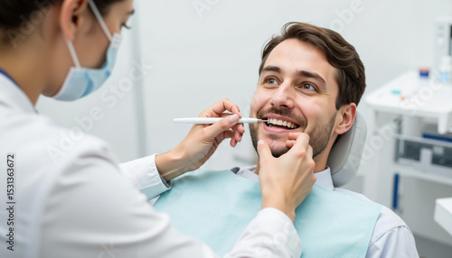 Dentist examining young man with dental tools in modern clinic  