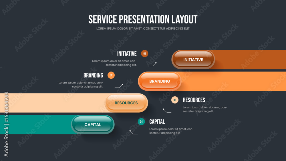 Fototapeta premium Service Planning 4 Step Diagram Presentation Template. Visual Briefing Four Element Infographic Slideshow Design. Advertising Overview Frame Layout Vector Illustration.