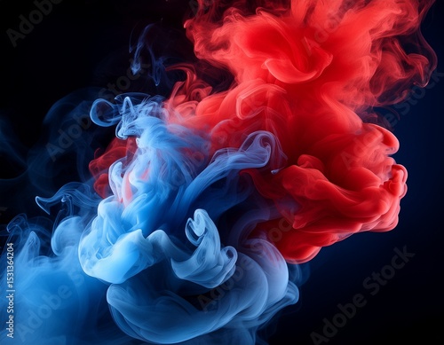striking contrasting red and blue smoke clouds collide on a black backdrop