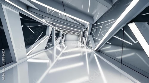 A sleek, futuristic hallway with bright white lights and clean lines.