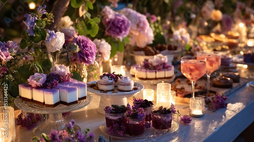 Overhead view of elegant garden dessert table at dusk, violet panna cotta and rose cocktails, ethereal lighting