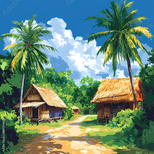 Tropical Village Scene Thatched Cottages Lush Palm Trees and a Sunny Dirt Road isolated on transparent background