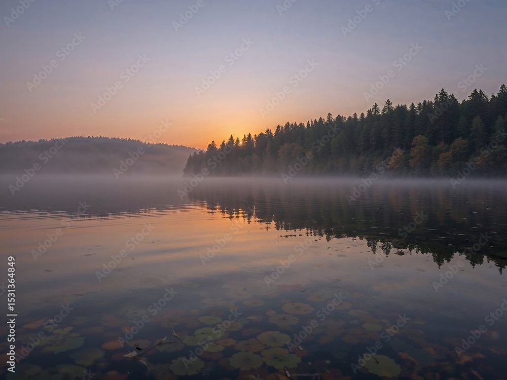 Fototapeta premium Serene Lake Reflecting Warm Sunrise Colors in Morning Mist