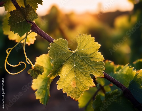artistic macro close up of grapevine leaves and tendrils in the vineyard