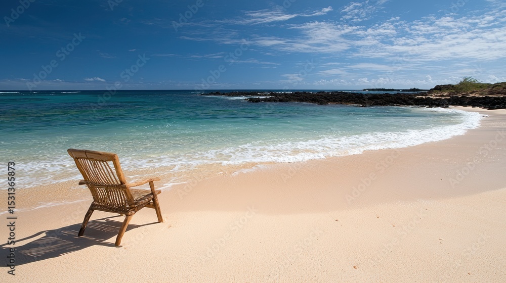 A serene beach scene featuring a lone wooden chair on a tranquil, sandy shore, gentle waves lapping at the sand under a clear blue sky A serene beach scene featuring a lone wooden chair on a tranquil, sandy shore, gentle waves lapping at the sand under a clear blue sky