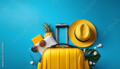 vibrant yellow travel bag with summer essentials on a bright blue backdrop