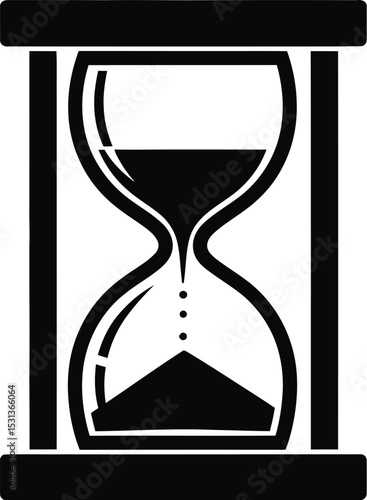 A black and white graphic illustration of an hourglass with sand flowing in a simple design style	