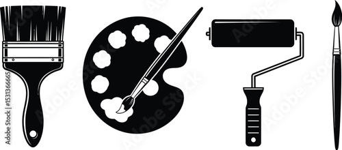 A black and white illustration of various painting tools including brushes and a paint roller and palette