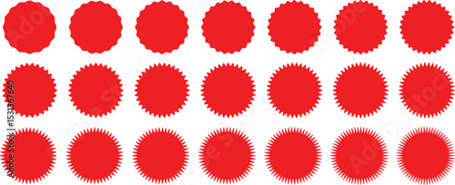 Set of red starburst. Price sticker, sale sticker, price tag, starburst, quality mark, retro stars, sale. Circle sticker set. Wavy edge promo red badges. Star burst shape tags for price. Red sale tag