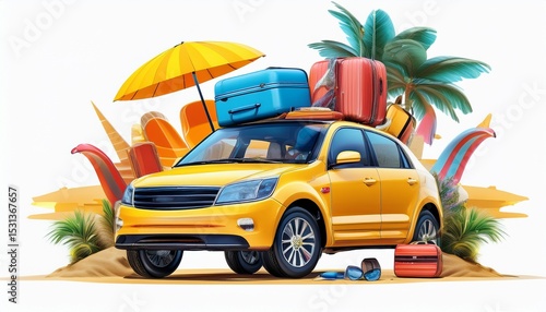 car jump with luggage and beach accessories ready for summer travel creative vacation concept isolated on white background 3d render 3d illustration