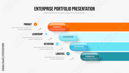 Advertising Portfolio Four Element Diagram Slide Layout. Sales Analysis Presentation Design Vector Illustration. Enterprise Solution 4 Option Infographic Frame Template.
