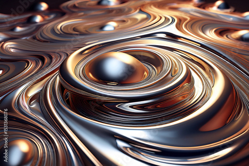 Futuristic 3D abstract background with metallic orbs and swirls