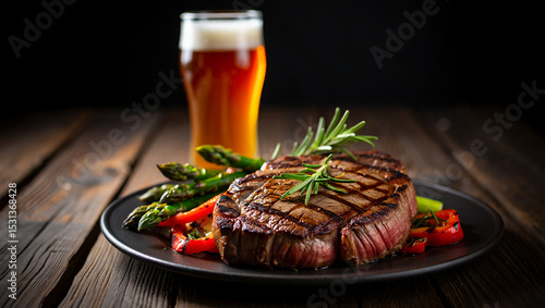 Grilled Steak Dinner with Roasted Asparagus Red Bell Peppers and Amber Beer in a Glass on Dark Wooden Table