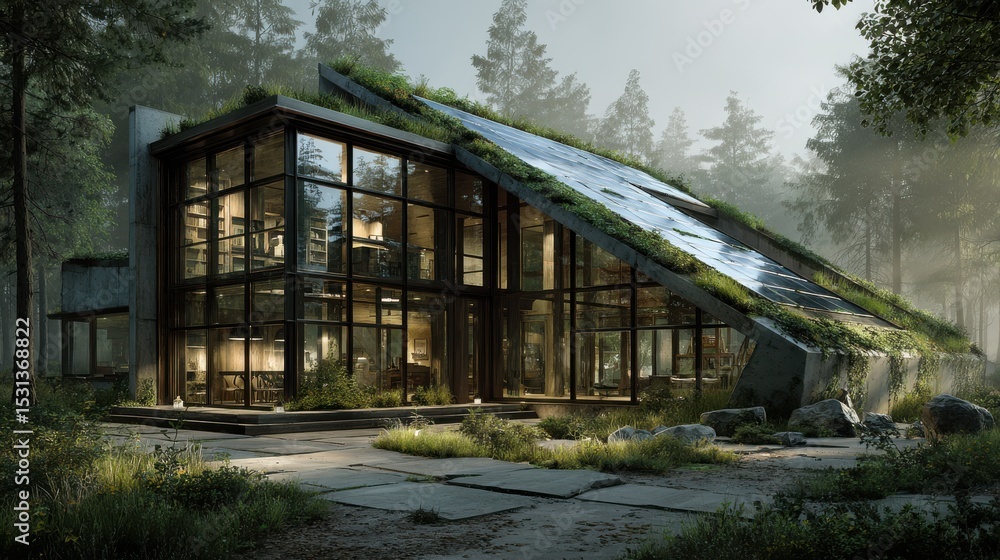 Modern Glass House in Lush Forest with Green Roof Modern Glass House in Lush Forest with Green Roof