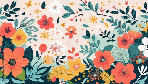 floral texture spring background with colourful blowing flowers and leaves illustration