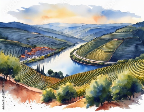 douro valley douro valley hand drawn watercolor illustration