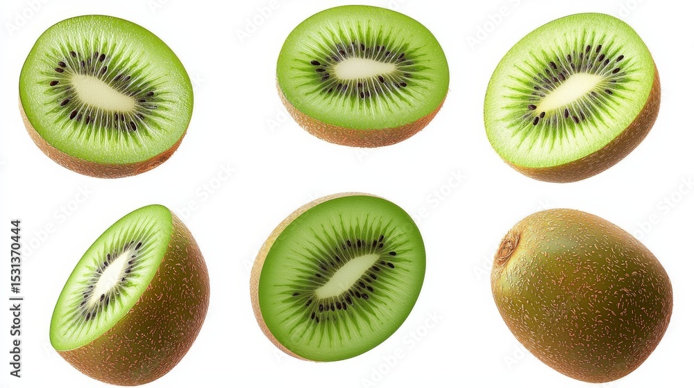 Fototapeta premium Six Kiwi Fruit Slices in Air, Vibrant Green, Close-up Photography, Food Still Life kiwi, fruit photography