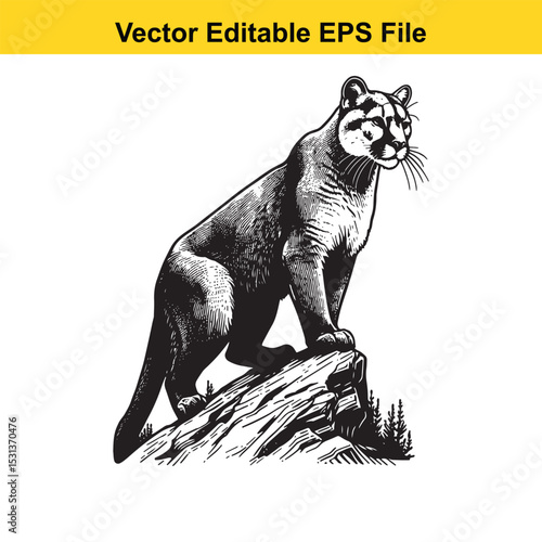 Majestic Mountain Lion Illustration Standing Guard on Rocky Outcrop Vintage Wildlife Art Print Decorative Animal Illustration