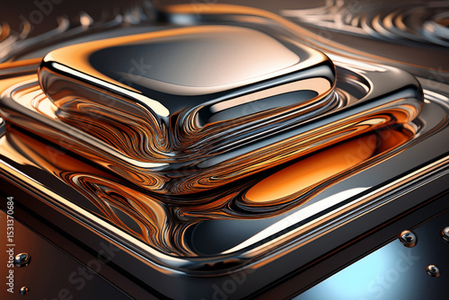 Futuristic 3D abstract background with a metallic artifact on a rippling surface