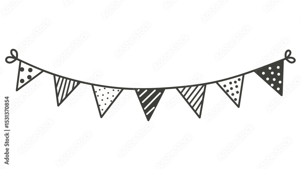 Obraz premium Hand drawn doodle flag garlands in minimal black line art. Includes triangle, heart, and ribbon shapes. Perfect for party decor, invitations, scrapbooking, and banners.