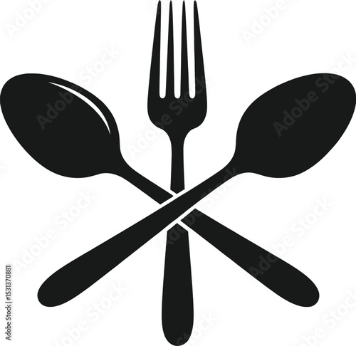 A simple black and white illustration featuring a fork crossed between two spoons on a plain background