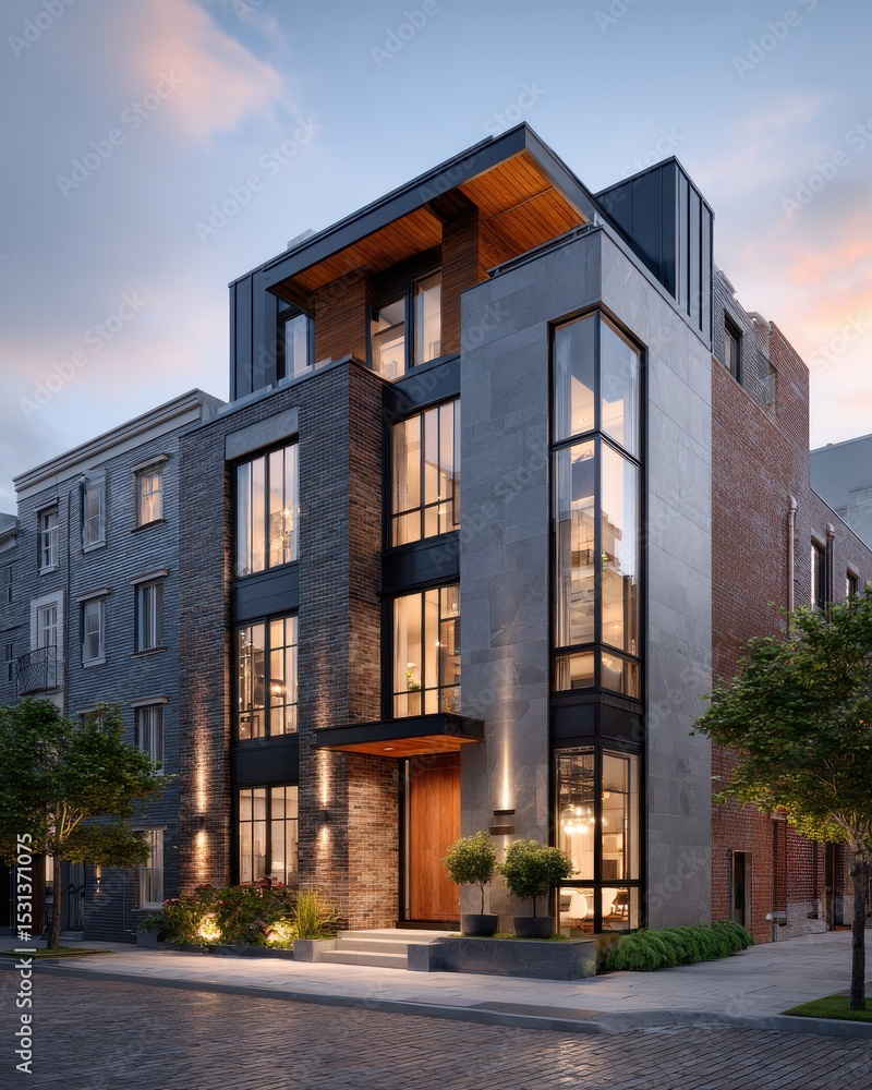 Naklejka premium Modern Brick Building with Large Windows at Dusk