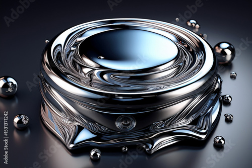 Futuristic 3D abstract chrome pedestal or podium on a dark background