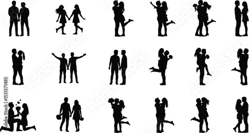Various silhouette depictions of couples in different poses showcasing affection and togetherness on white