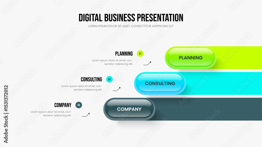 Naklejka premium Corporate Insight Presentation Design Vector Illustration. Sales Plan 3 Option Infographic Frame Template. Consulting Forecast Three Element Diagram Slide Layout.