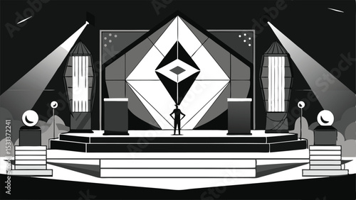 A single person standing on a dramatic stage in black and white illustration